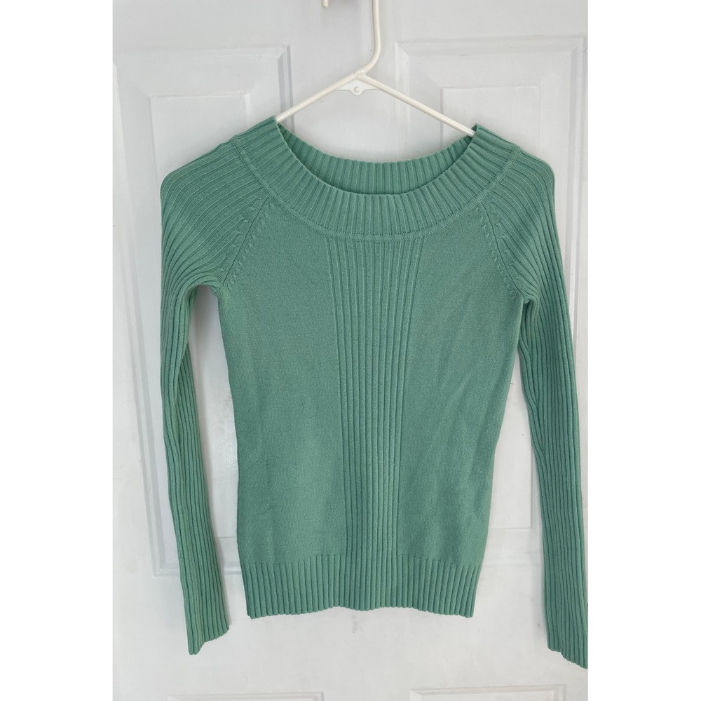 Mint Green Ribbed Wide Neck Long Sleeve Fitted Knit Sweater‎ Women Small